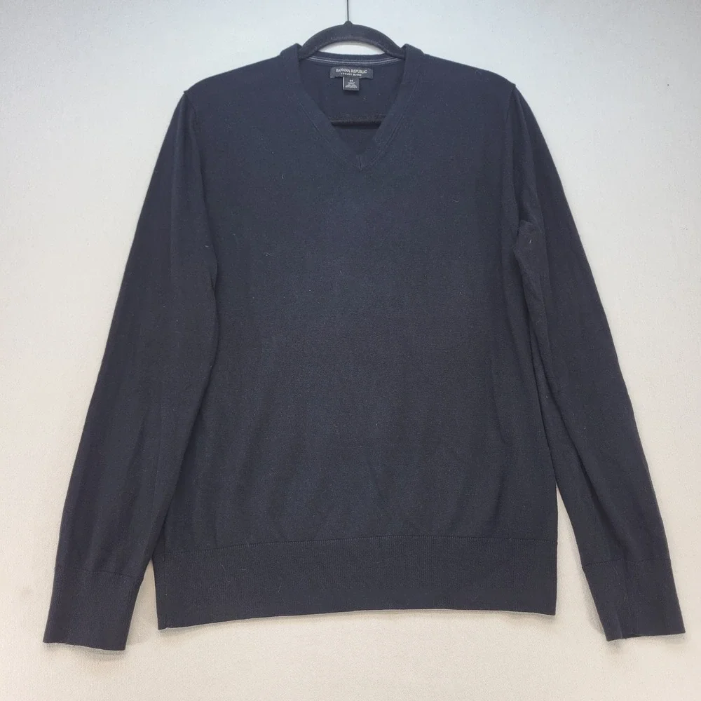 Banana Republic V-Neck Sweater Mens M Black Silk Cotton Cashmere Luxury Blend